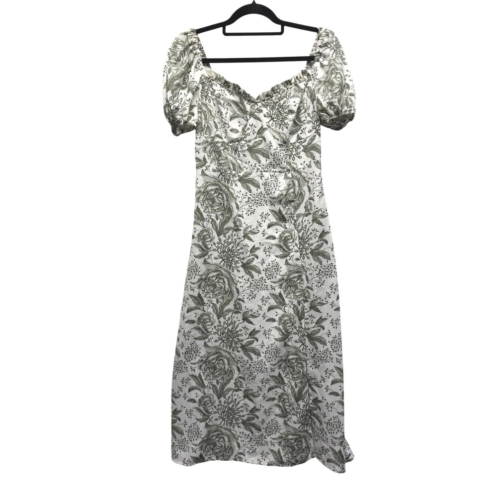 Commense Cottagecore Puff Sleeve Midi Dress Sweetheart Neck Side Slit White